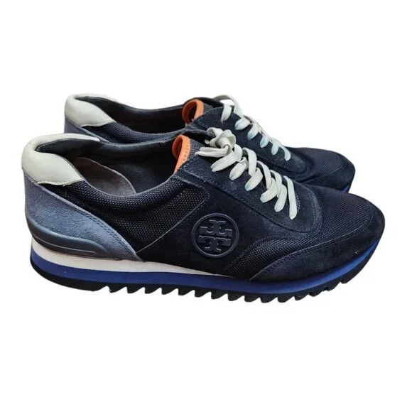 Tory Burch Navy Suede Mesh Sneakers Women’s 9.5 Suede Textile Upper Logo Trainer - Picture 6 of 14